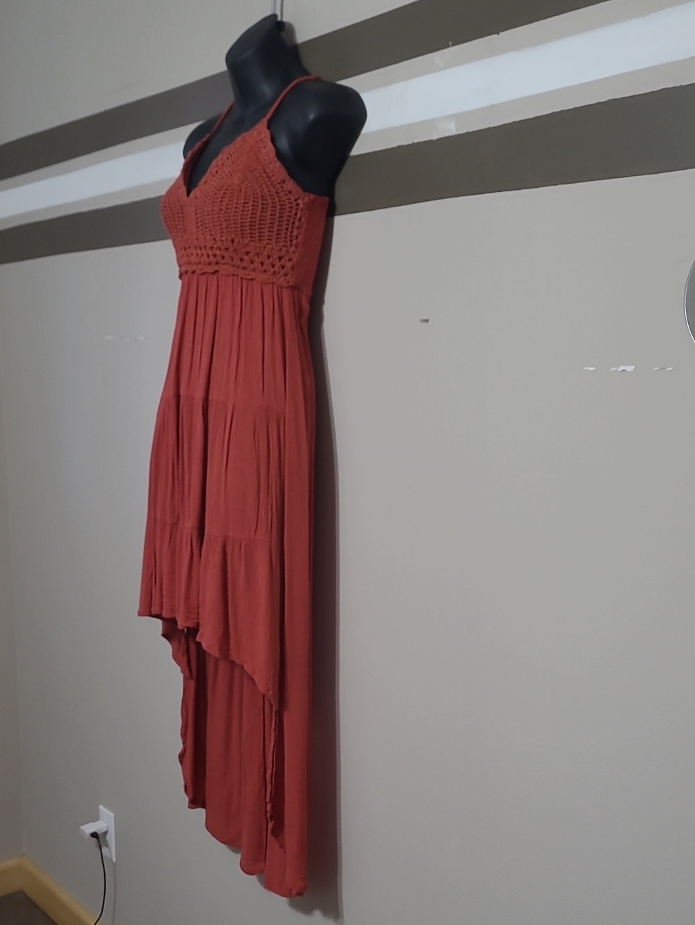 Streetwear Society Rust Crochet-Bodice High-Low Rayon,/Cotton Maxi Dress Sz SM - Picture 4 of 14